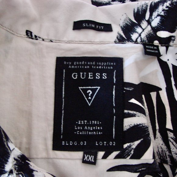 Guess Shirt Tan Black Hawaiian Palm Leaf Slim Fit Shirt Button Front Size XXL - Picture 3 of 13